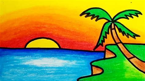 How To Draw Sunset Scenery Easy For Beginners |Drawing Sunset Scenery ...