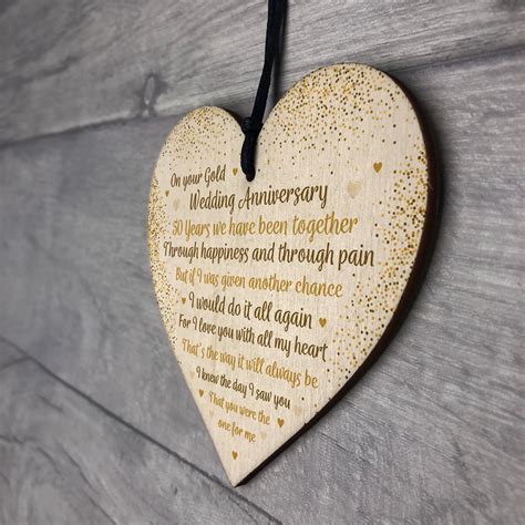 50th Gold Wedding Anniversary Gift For Husband Wife Wooden Heart