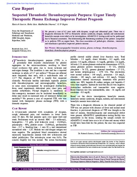 (PDF) Suspected Thrombotic Thrombocytopenic Purpura: Urgent Timely ...