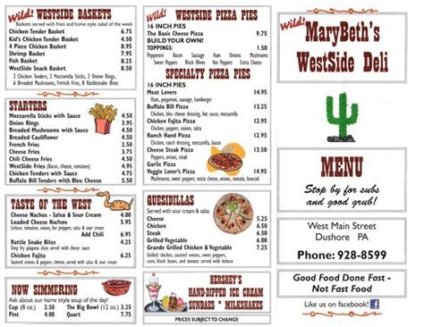 MaryBeth’s Westside Deli Menu| Dushore, PA