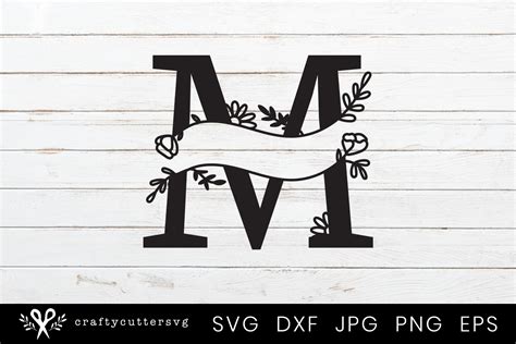 M Split Monogram Letter Handdrawn Botanical Flower Leaves