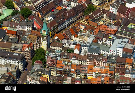 Aerial view, old town of Freiburg with Schwabentor, Freiburg, Breisgau ...