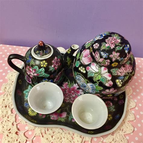 Vintage Chinese Black Floral Children's Tea Set, Chinese Miniature Tea ...