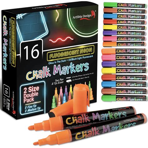 16 Fluorescent Neon Chalk Markers UV Glow in the Dark - Double Pack of ...