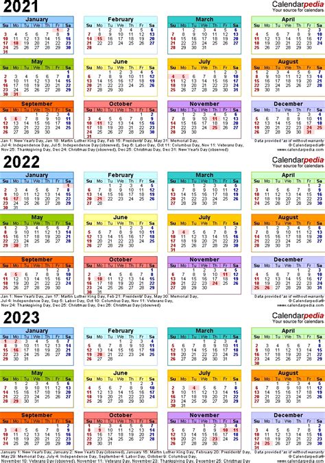 3 Year Calendars 2021 2022 2023 Free Printable | Calendar Template ...