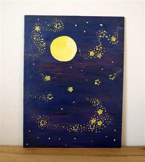 Moon and Stars Original Painting, Acrylic and Ink on Canvas #smallbiz # ...