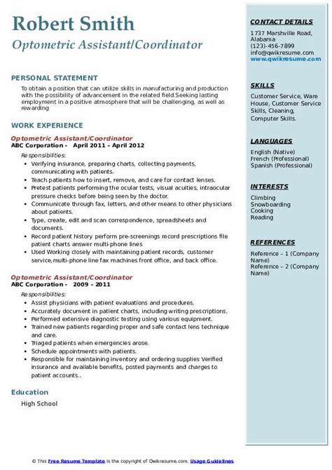 Optometric Assistant Resume Samples | QwikResume