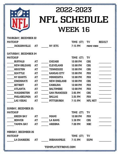 Printable 2022-2023 NFL Schedule Week 16