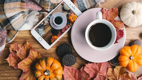 Download wallpaper: Autumn, coffee, pumpkins, leaves 1920x1080