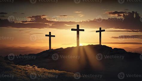 Jesus Christ At Sunrise Three Crosses On Hill 21924685 Stock Photo at ...