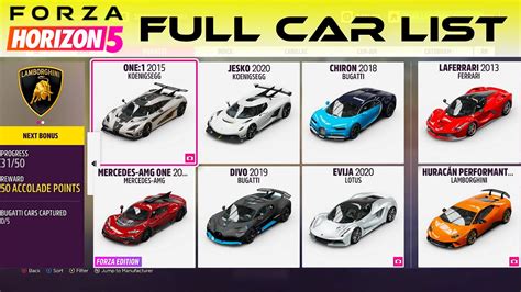 Forza Horizon 5 - FULL CAR LIST + DLC ! - YouTube