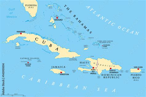 Greater Antilles political map. Caribbean islands. Cuba, Jamaica, Haiti ...