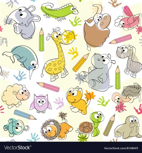 Seamless pattern with kids drawings of animals Vector Image