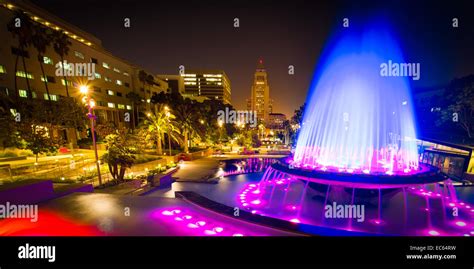 Los Angeles City Hall as seen from the Grand Park at night, Los Angeles ...