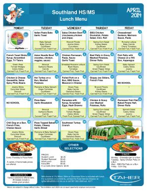 Lunch Menu For Elementary School | pdfFiller