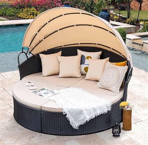 Homall Outdoor Daybed With Retractable Canopy Sectional Rattan Round ...