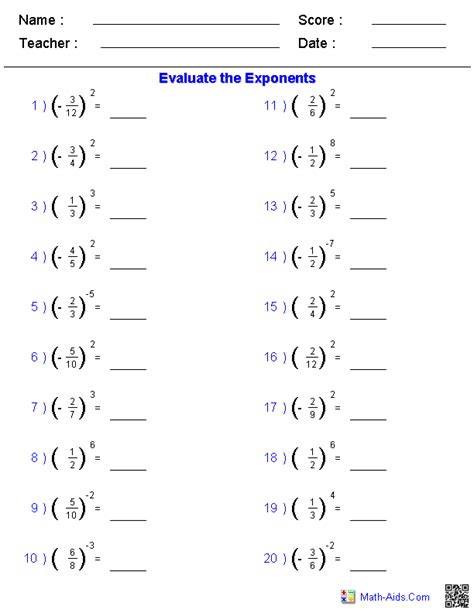 Exponents With Negative Bases Worksheet