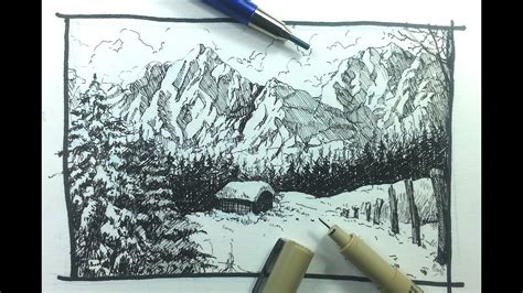 Pen & Ink Drawing Tutorials | How to draw a winter landscape - YouTube