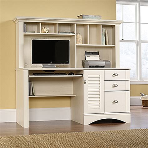 62" Transitional Computer Desk with Hutch in Antiqued White | Mathis ...