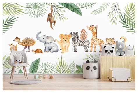 Tropic Leaves Cute Baby Animals Wall Mural