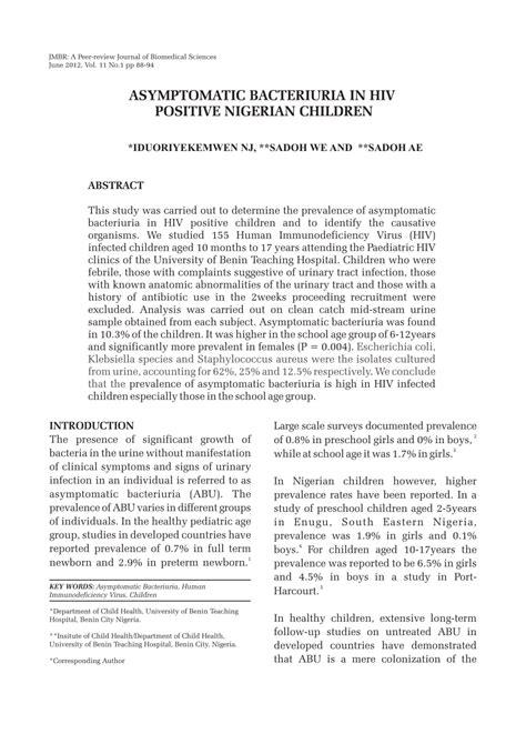 (PDF) Asymptomatic bacteriuria in HIV positive Nigerian children