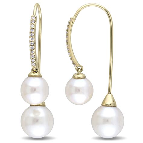 Round Pearl & Diamond Dangling Earrings 14k Yellow Gold 0.14ct - DE617