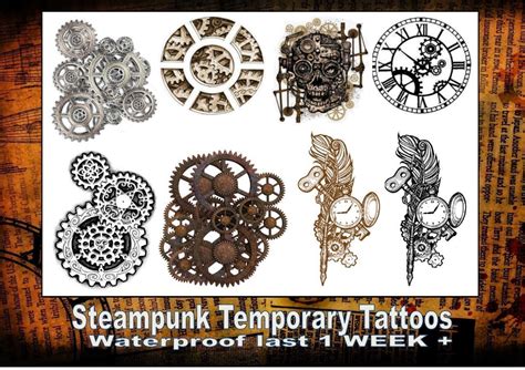 STEAMPUNK GEARS CLOCK TATTOO LARGE x2 temporary waterproof last 1 WEEK+ ...