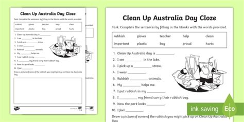 FREE! - Clean Up Australia Day Worksheet | F-2 Cloze Activity