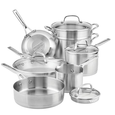 KitchenAid 3-Ply Base Stainless Steel Cookware Set, 11-Piece, Brushed ...