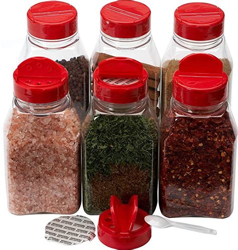 Spice Jars - 16 oz. Clear Plastic Containers with Shaker Lids - 6 Sets