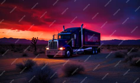 Premium Photo | Semi truck in the desert at sunset