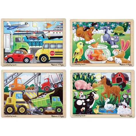 Melissa & Doug Wooden Jigsaw Puzzles Set: Vehicles, Pets, Construction ...