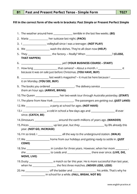 Past and Present Perfect Simple - PDF Grammar Worksheet - B1 - T027 ...