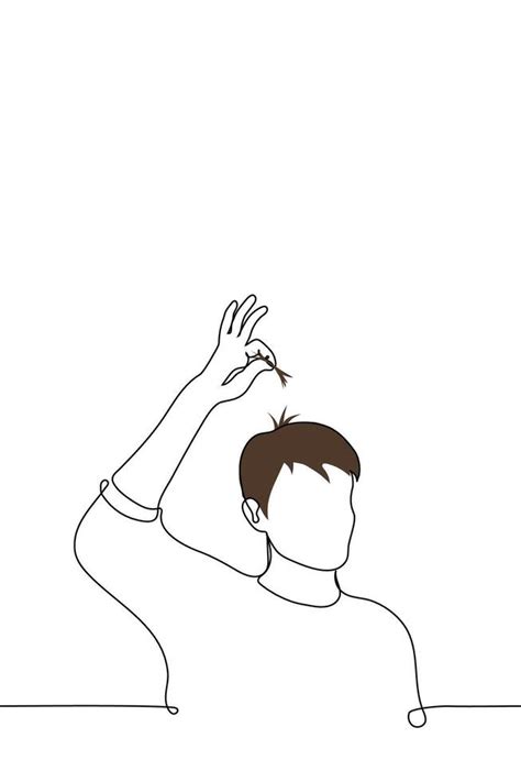 man holding a tuft of his hair above his head - one line drawing vector ...