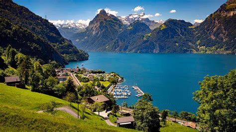 Village Near Alps Lake Around Mountain Panorama Switzerland HD Travel ...