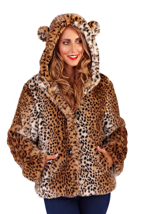 Womens Leopard Print Coat New Ladies Faux Fur Hooded Jacket With Animal ...