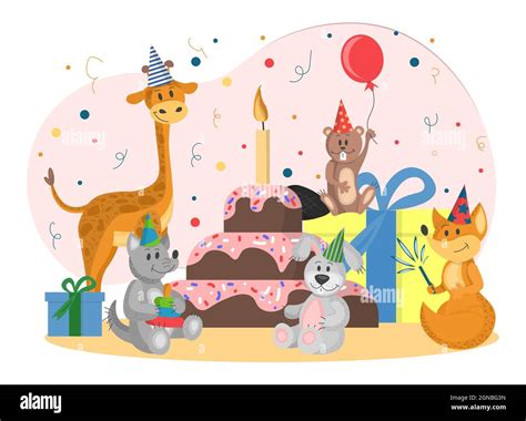 set of wild animals celebrate birthday. cute cartoon animals in flat ...