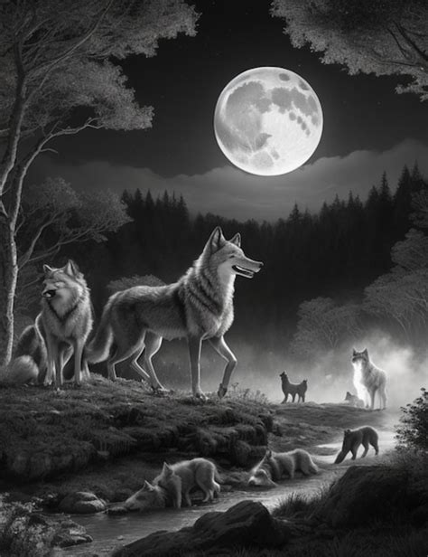 Premium AI Image | A nature scene featuring a pack of wolves in a lush