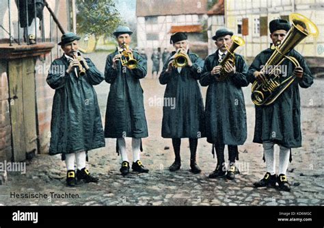 German brass band, Hessian folk music Men in traditional costume ...