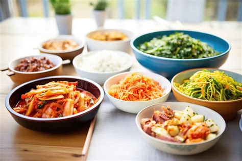 Korean Banchan Side Dishes Assortment with Kimchi As Centerpiece Stock ...