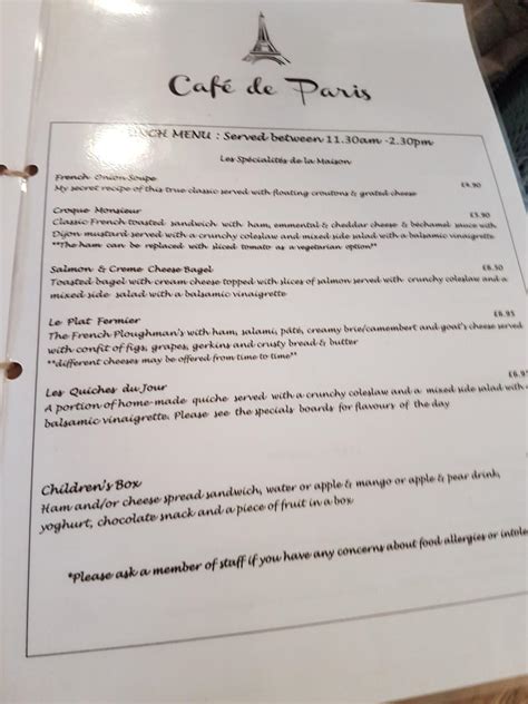 Menu at Café De Paris cafe, Nantwich