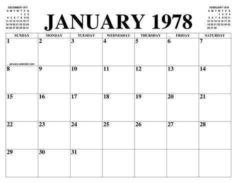 JANUARY 1978 CALENDAR OF THE MONTH: FREE PRINTABLE JANUARY CALENDAR OF ...