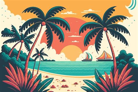 Premium Vector | Tropical summer beach ocean sunset and sunrise view ...