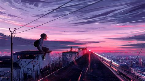 City Sunset with Anime Girl - 4K Ultra HD Wallpaper by Alena Aenami