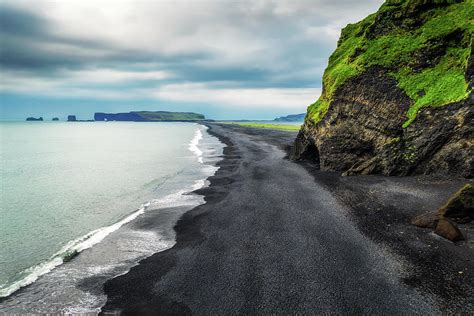 Aerial view of the Reynisfjara black sand beach in south Iceland ...