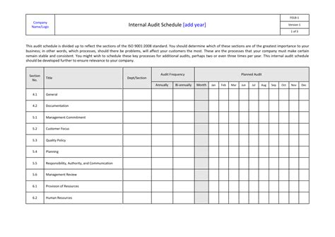 Internal Audit Schedule Template - Fill Out, Sign Online and Download ...