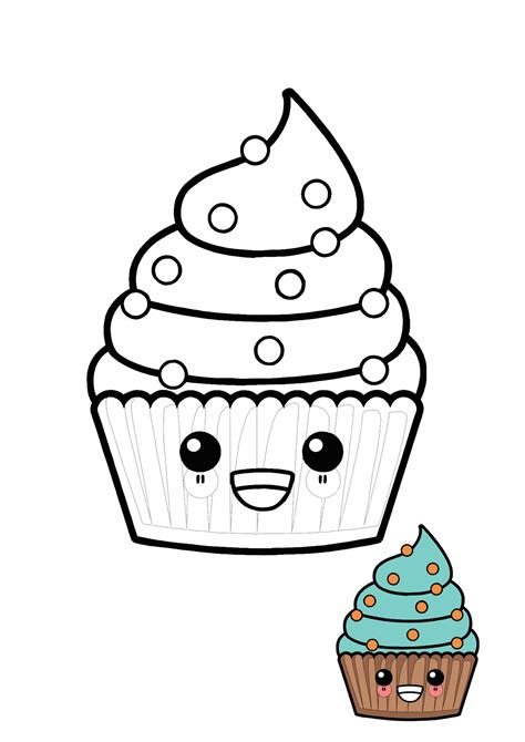 a cupcake with blue frosting and a smiling face next to it's coloring page