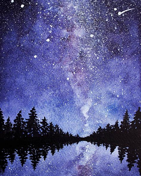 Tree Painting Original Art Night Landscape Watercolor Painting Starry ...