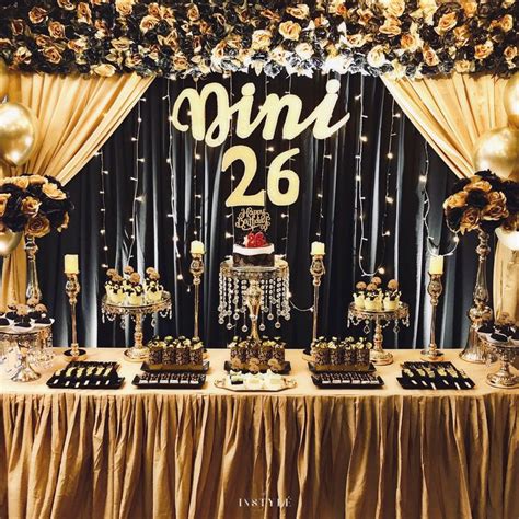 Black & Gold Dessert Table | Gold birthday party decorations, Black and ...