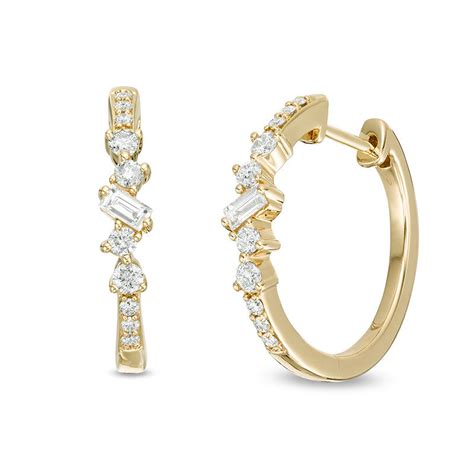 3/8 CT. T.W. Baguette and Round Diamond Scatter Hoop Earrings in 10K ...